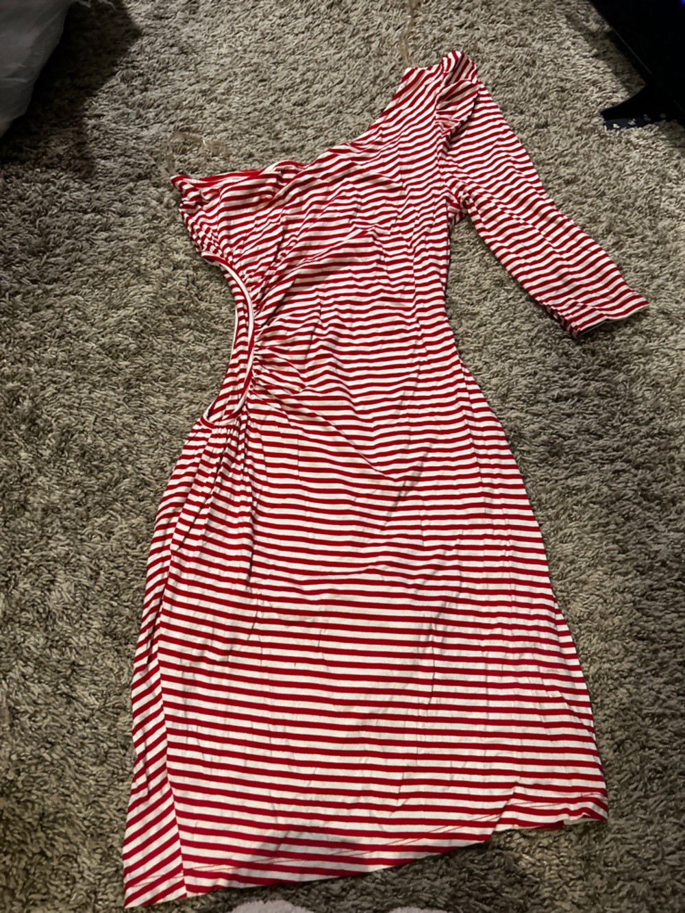 Fashion Nova Red and White Striped One-Shoulder Asymmetrical Dress